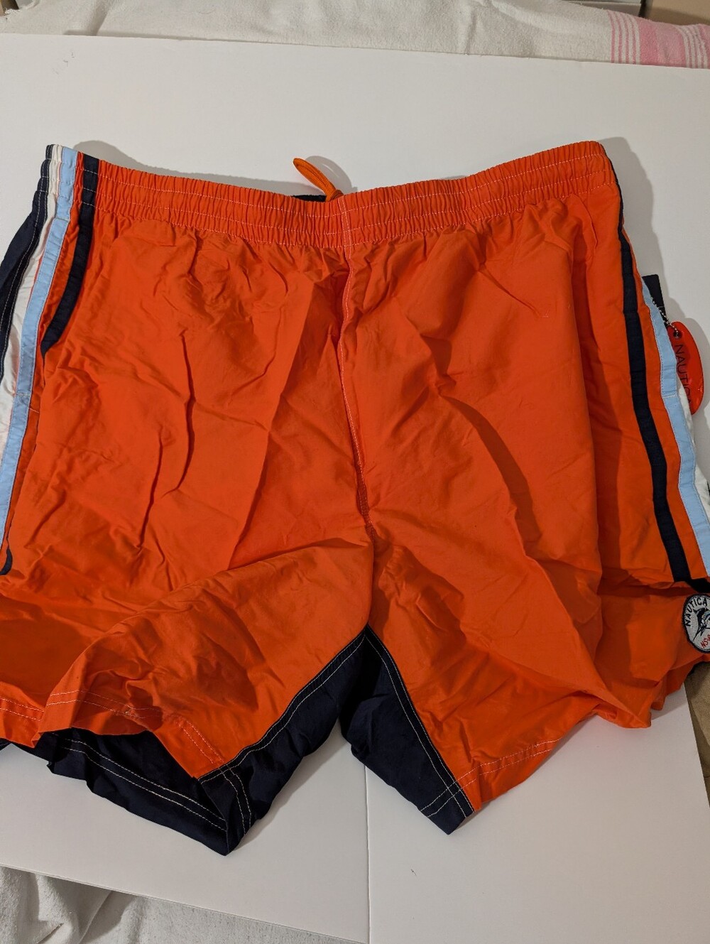 Nautica Orange Swim trunks with Navy and Light Blue Side Stripes